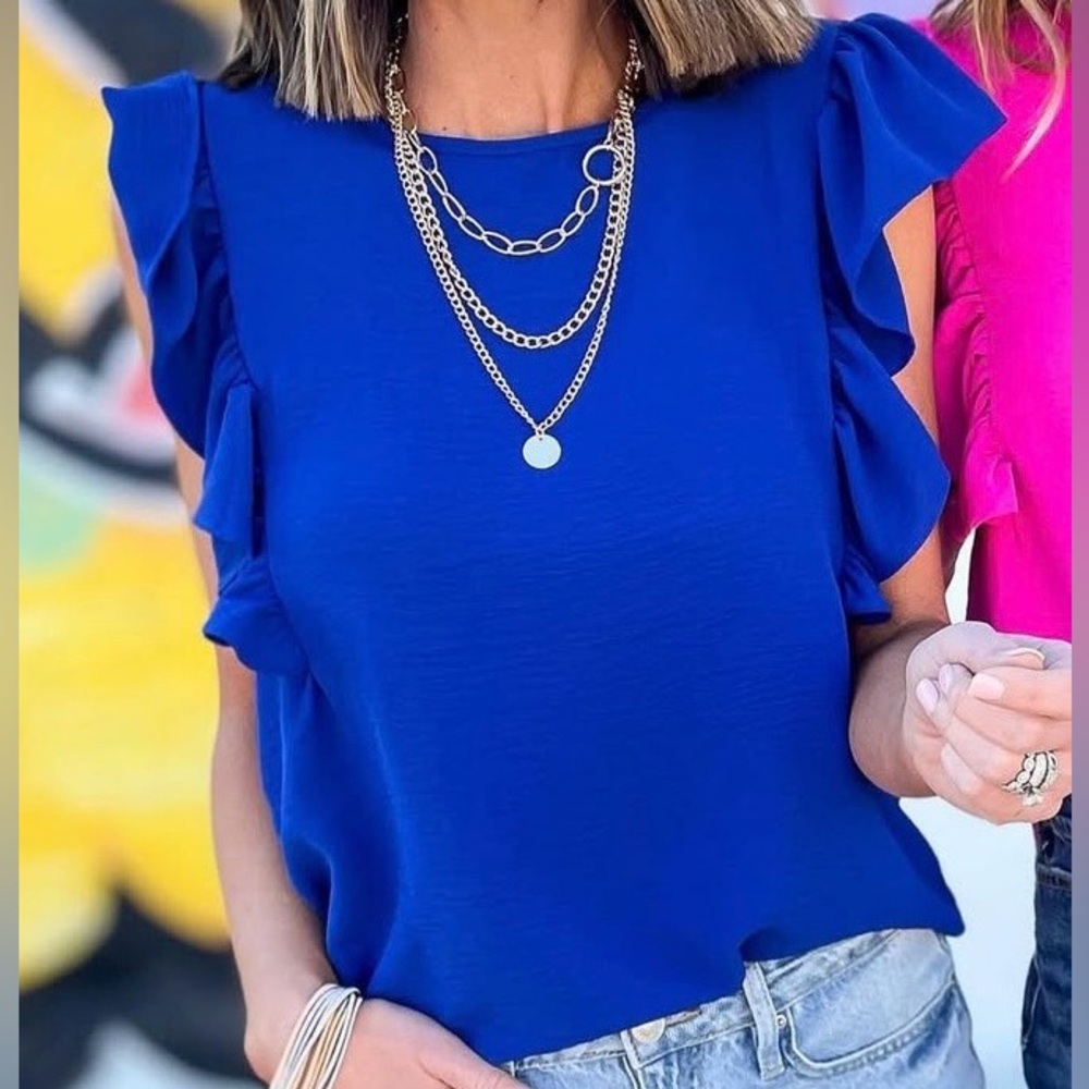 JODIFL Royal Blue Ruffle Sleeve Blouse